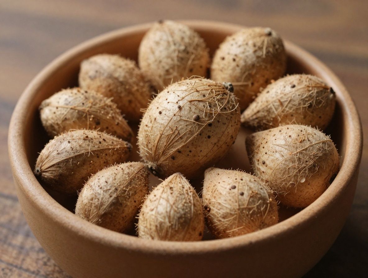 Bliska fotografija sjemenki, bilja i prirodnih ekstrakata u malim staklenim posudama raspoređenim na drvenoj podlozi s botaničkim elementima